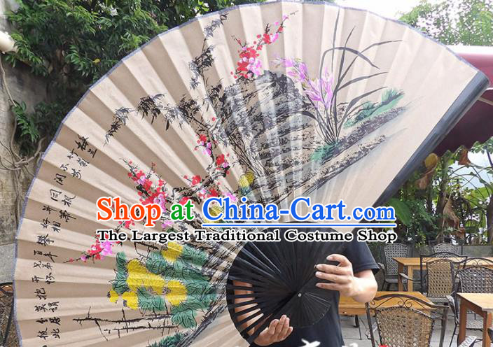 Chinese Traditional Crafts Black Frame Folding Fans Ink Painting Plum Blossom Orchid Bamboo and Chrysanthemum Paper Fans