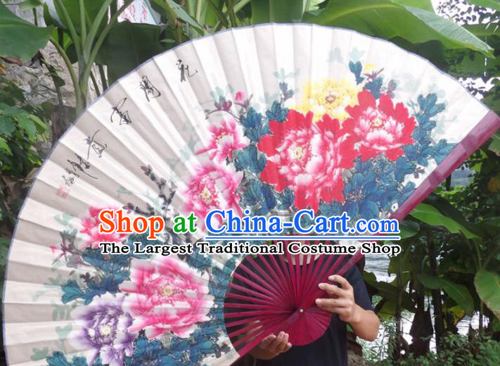 Chinese Traditional Decoration Crafts Red Wood Frame Folding Fans Hand Painting Peony Paper Fans