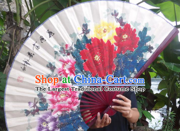 Chinese Traditional Decoration Crafts Red Wood Frame Folding Fans Hand Painting Peony Flowers Paper Fans