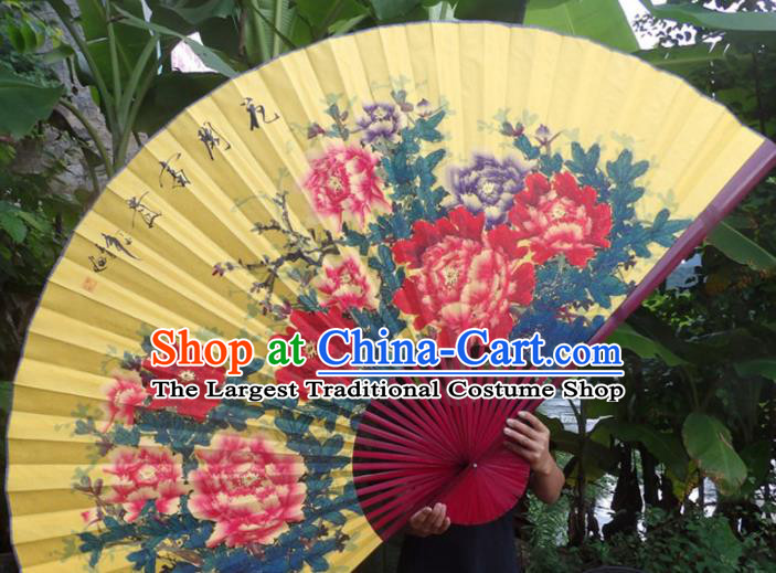 Chinese Traditional Fans Decoration Crafts Red Frame Hand Painting Peony Folding Fans Yellow Paper Fans