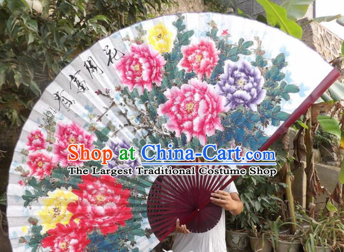 Chinese Traditional Fans Decoration Crafts Red Frame Hand Painting Peony Folding Fans Paper Fans