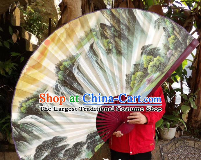 Chinese Traditional Fans Decoration Crafts Hand Painting Waterfall Landscape Red Frame Folding Fans Paper Fans