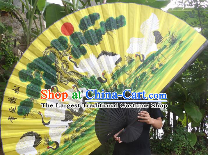 Chinese Traditional Fans Decoration Crafts Black Frame Painting Cranes Folding Fans Yellow Paper Fans