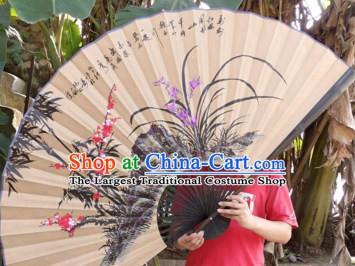 Chinese Traditional Handmade Paper Fans Decoration Crafts Ink Painting Plum Blossom Orchid Bamboo Black Frame Folding Fans