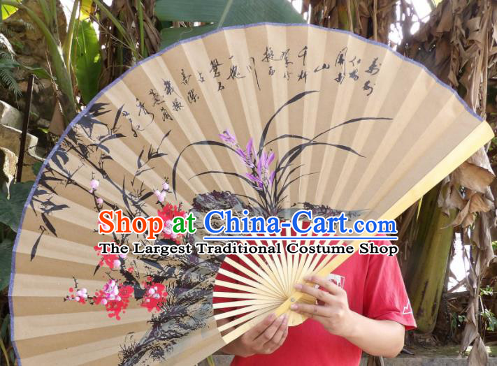 Chinese Traditional Handmade Paper Fans Decoration Crafts Ink Painting Plum Blossom Orchid Bamboo Wood Frame Folding Fans