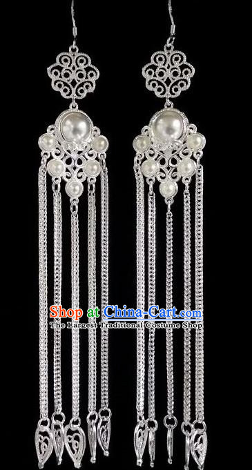 Chinese Ethnic Jewelry Accessories Mongolian Minority Nationality Long White Earrings for Women