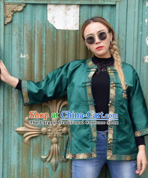 Chinese Traditional Mongol Ethnic Costume Mongolian Minority Nationality Green Brocade Blouse for Women