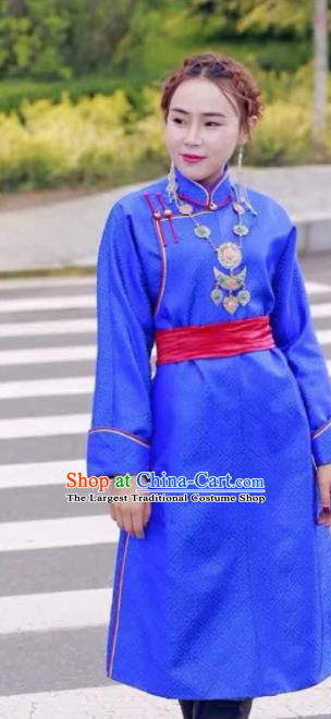 Chinese Mongol Minority Ethnic Costume Traditional Blue Brocade Mongolian Robe for Women