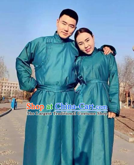 Chinese Mongol Minority Ethnic Costume Traditional Blue Brocade Mongolian Robe for Women for Men