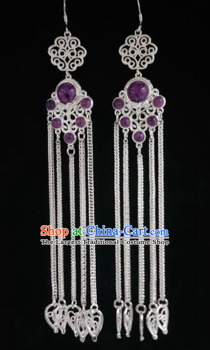 Chinese Ethnic Jewelry Accessories Mongolian Minority Nationality Long Purple Earrings for Women