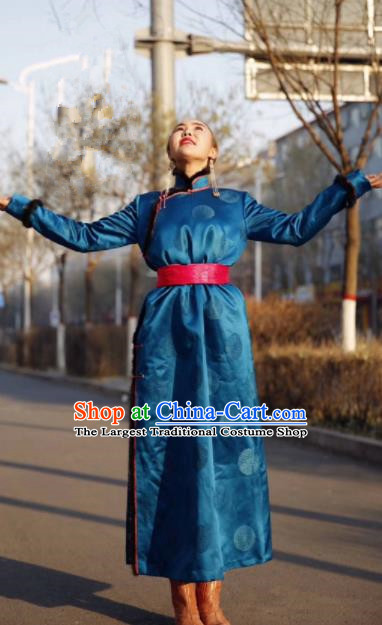 Chinese Traditional Mongol Ethnic Female Costume Mongolian Minority Nationality Blue Robe for Women