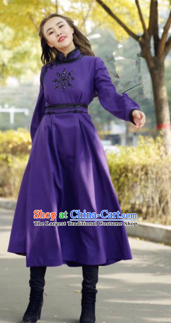 Chinese Traditional Mongol Minority Ethnic Costume Purple Wool Mongolian Robe for Women