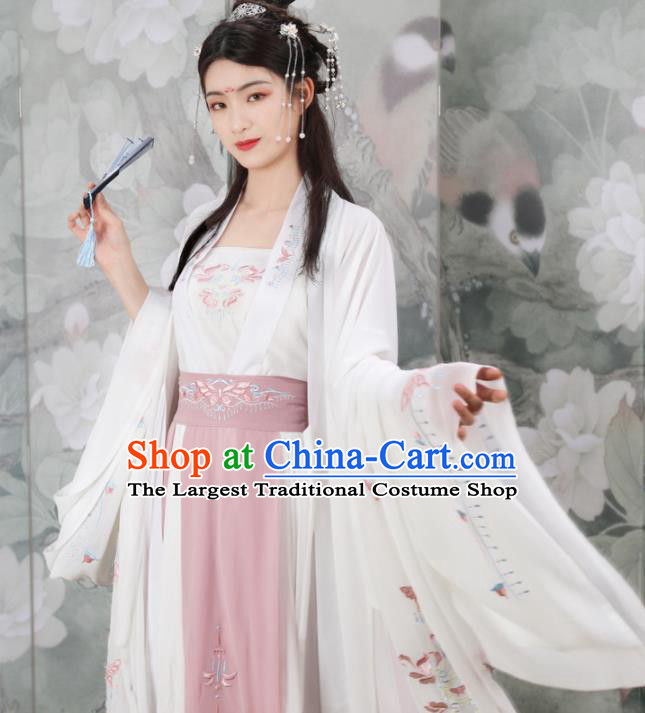 Traditional Chinese Tang Dynasty Nobility Lady Embroidered Costumes Ancient Peri Goddess White Hanfu Dress for Rich Women