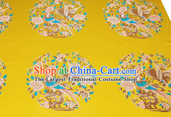 Chinese Traditional Yellow Brocade Fabric Asian Birds Peony Pattern Design Satin Cushion Silk Fabric Material