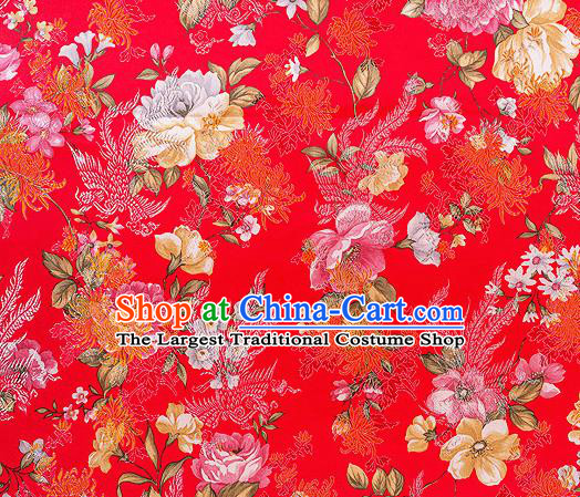 Traditional Chinese Classical Red Satin Brocade Drapery Chrysanthemum Peony Pattern Design Qipao Dress Silk Fabric Material