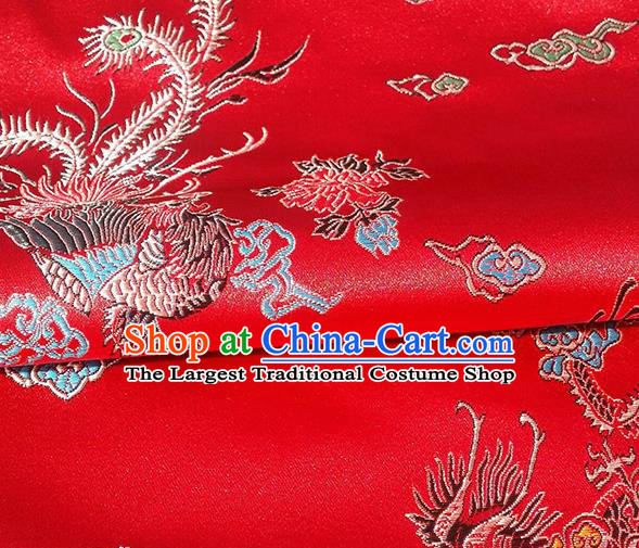 Asian Chinese Traditional Fabric Red Brocade Silk Material Classical Dragon Phoenix Pattern Design Satin Drapery