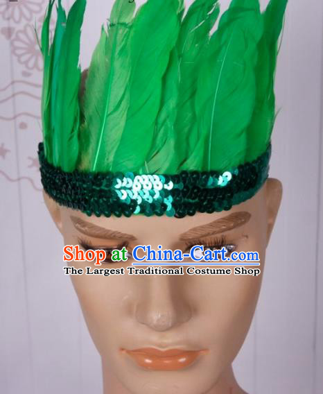 Halloween Catwalks Green Feather Hair Accessories Cosplay Primitive Tribe Feather Hat for Adults