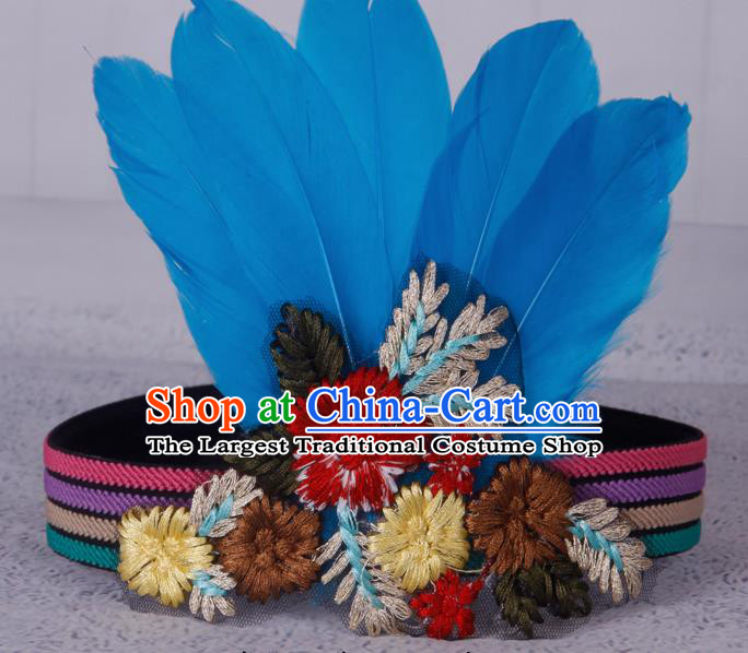 Halloween Catwalks Apache Knight Blue Feather Hair Accessories Cosplay Primitive Tribe Feather Hat for Adults