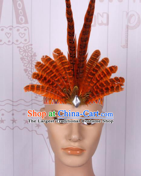 Halloween Catwalks Apache Chief Orange Feather Hair Clasp Cosplay Primitive Tribe Feather Hat for Adults