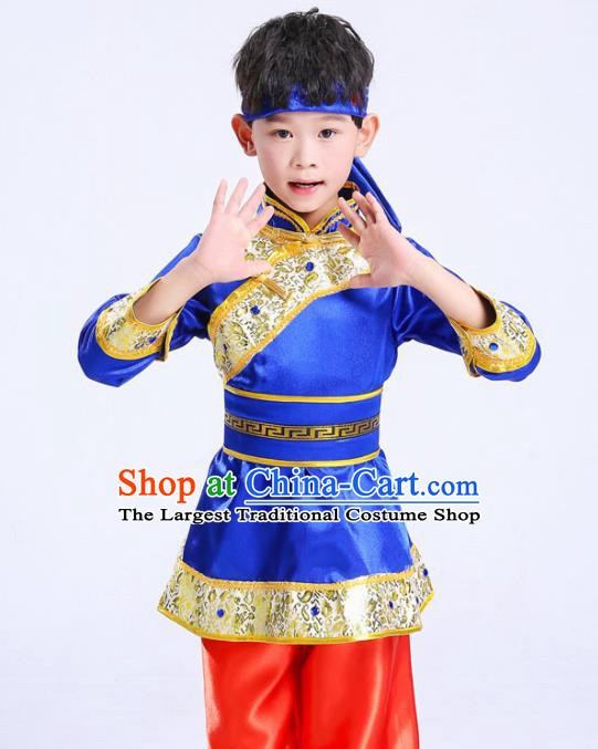 Chinese Traditional Ethnic Costumes Mongolian Nationality Folk Dance Blue Clothing for Kids