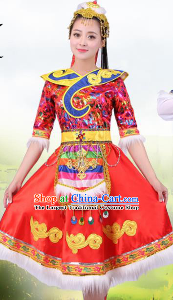 Chinese Traditional Tibetan Ethnic Costumes Zang Nationality Folk Dance Red Dress for Women