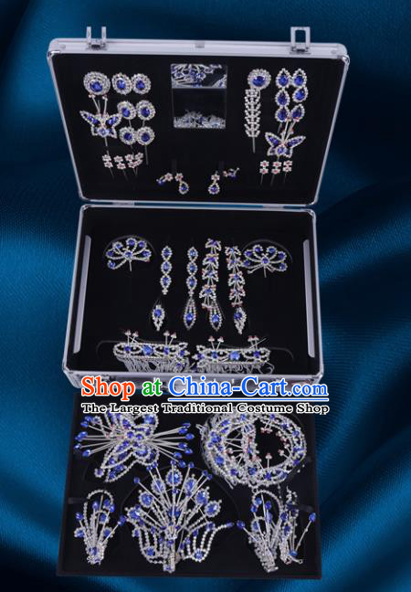 Chinese Traditional Peking Opera Princess Royalblue Crystal Hair Accessories Ancient Fairy Phoenix Hairpins for Women