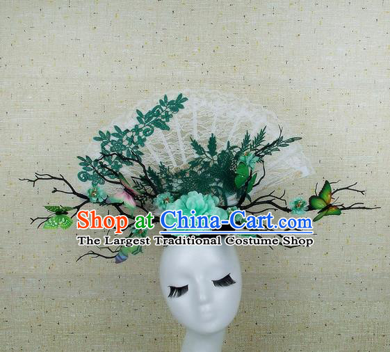 Handmade Halloween Green Peony Butterfly Hair Accessories Chinese Stage Performance Hair Clasp Headdress for Women