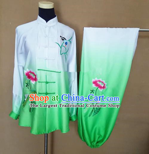 Chinese Traditional Martial Arts Embroidered Lotus Costumes Tai Chi Tai Ji Training Green Silk Clothing for Adults