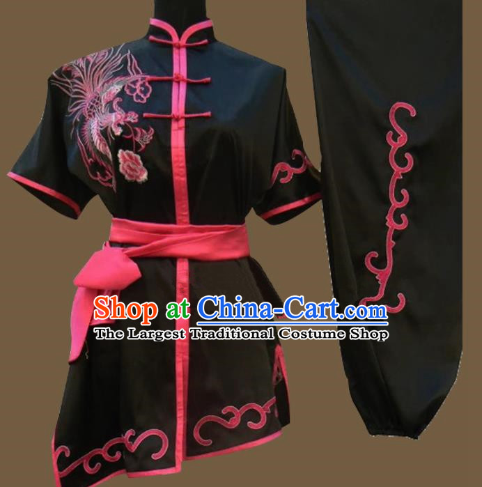 Chinese Traditional Kung Fu Martial Arts Embroidered Phoenix Black Costumes Tai Chi Training Clothing for Women