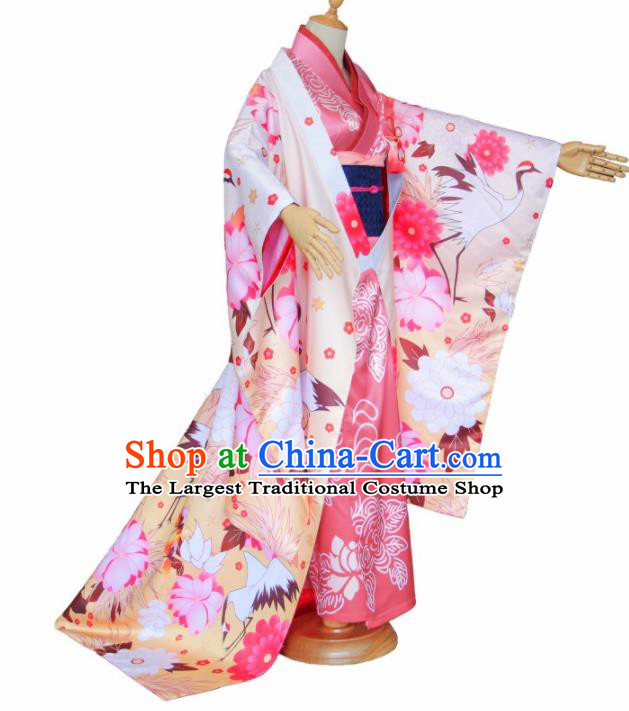 Asian Traditional Pink Furisode Kimono Cosplay Costumes Japanese Ancient Geisha Yukata Clothing for Women