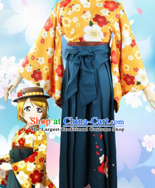 Asian Japanese Traditional Yellow Furisode Kimono Cosplay Geisha Costumes Ancient Yukata Clothing for Women