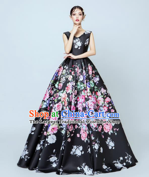 Top Performance Catwalks Costumes Wedding Printing Black Full Dress for Women