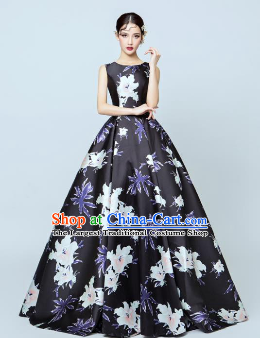 Top Performance Catwalks Costumes Wedding Printing Flowers Black Full Dress for Women