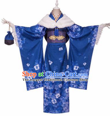 Japanese Traditional Courtesan Blue Furisode Kimono Costumes Ancient Cosplay Geisha Yukata Clothing for Women