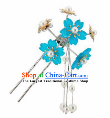 Japanese Traditional Kimono Hair Accessories Ancient Yukata Blue Cherry Blossom Tassel Hairpins for Women