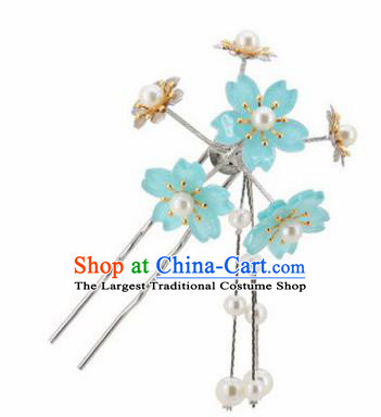 Japanese Traditional Kimono Hair Accessories Ancient Yukata Light Blue Cherry Blossom Tassel Hairpins for Women