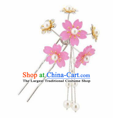 Japanese Traditional Kimono Hair Accessories Ancient Yukata Pink Cherry Blossom Tassel Hairpins for Women