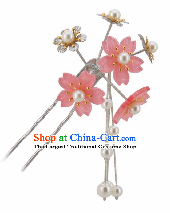 Japanese Traditional Kimono Hair Accessories Ancient Yukata Pink Cherry Blossom Tassel Hairpins for Women