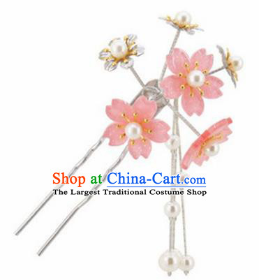 Japanese Traditional Kimono Hair Accessories Ancient Yukata Light Pink Cherry Blossom Tassel Hairpins for Women