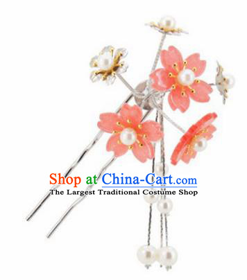 Japanese Traditional Kimono Hair Accessories Ancient Yukata Orange Cherry Blossom Tassel Hairpins for Women