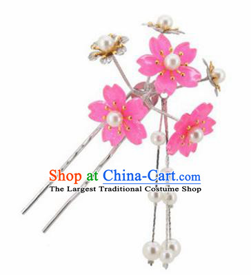 Japanese Traditional Kimono Hair Accessories Ancient Yukata Rosy Cherry Blossom Tassel Hairpins for Women