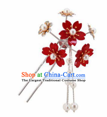 Japanese Traditional Kimono Hair Accessories Ancient Yukata Dark Red Cherry Blossom Tassel Hairpins for Women