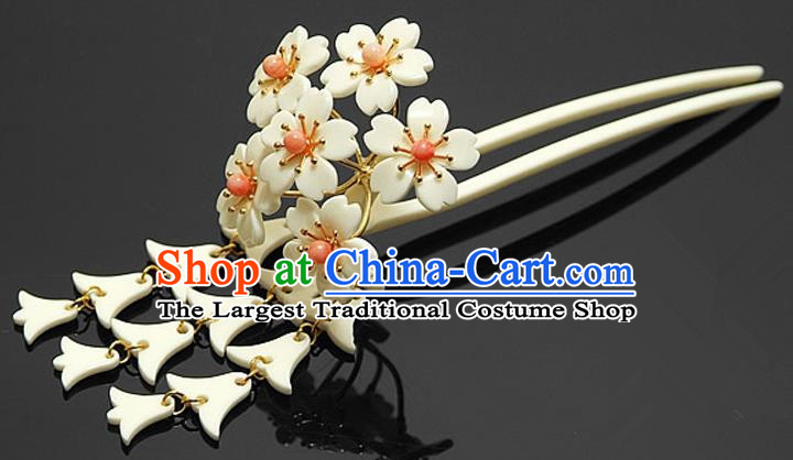 Japanese Traditional Courtesan Hair Accessories White Sakura Hair Clip Ancient Kimono Yukata Tassel Hairpins for Women