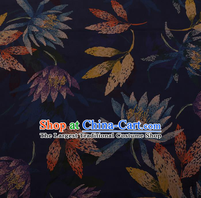 Chinese Traditional Cheongsam Silk Fabric Palace Flowers Pattern Navy Satin Plain Gambiered Guangdong Gauze