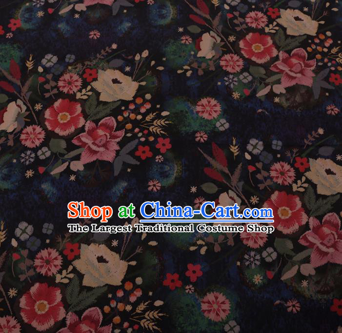 Chinese Traditional Cheongsam Silk Fabric Palace Flowers Pattern Black Satin Plain Gambiered Guangdong Gauze