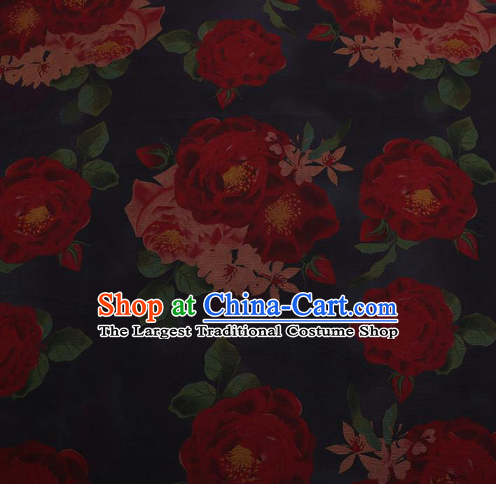 Chinese Traditional Cheongsam Silk Fabric Palace Peony Pattern Navy Satin Plain Gambiered Guangdong Gauze