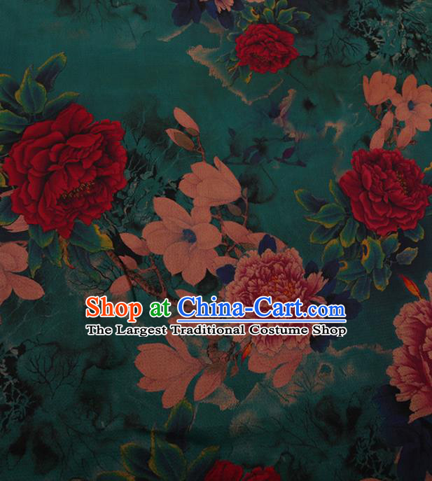 Chinese Traditional Cheongsam Silk Fabric Palace Peony Flowers Pattern Green Satin Plain Gambiered Guangdong Gauze