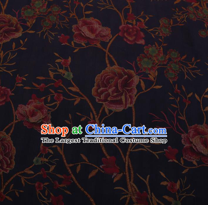 Chinese Traditional Cheongsam Navy Silk Fabric Palace Peony Pattern Satin Plain Gambiered Guangdong Gauze