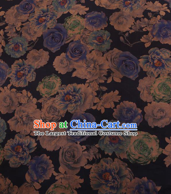 Chinese Traditional Cheongsam Blue Silk Fabric Palace Roses Pattern Jacquard Satin Plain Gambiered Guangdong Gauze