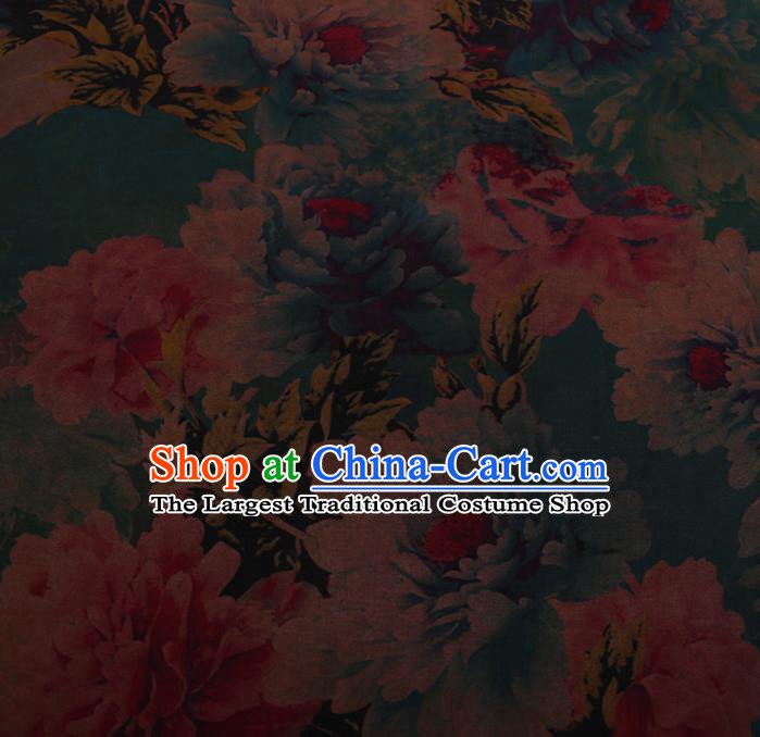 Chinese Traditional Cheongsam Green Silk Fabric Palace Peony Pattern Jacquard Satin Plain Gambiered Guangdong Gauze